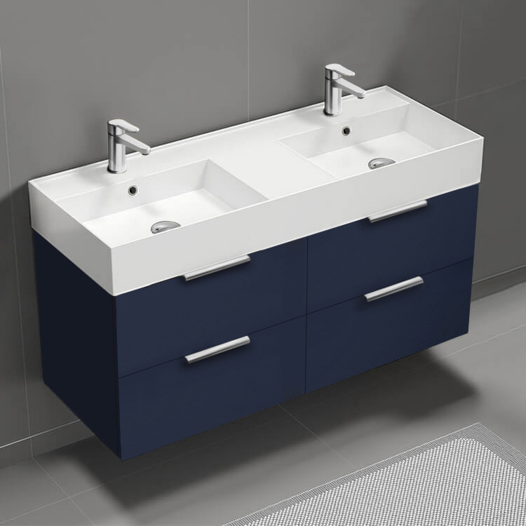 Bathroom Vanity Double Floating Bathroom Vanity, Modern, Blue, 48 Inch, Chrome Handles Nameeks DERIN458